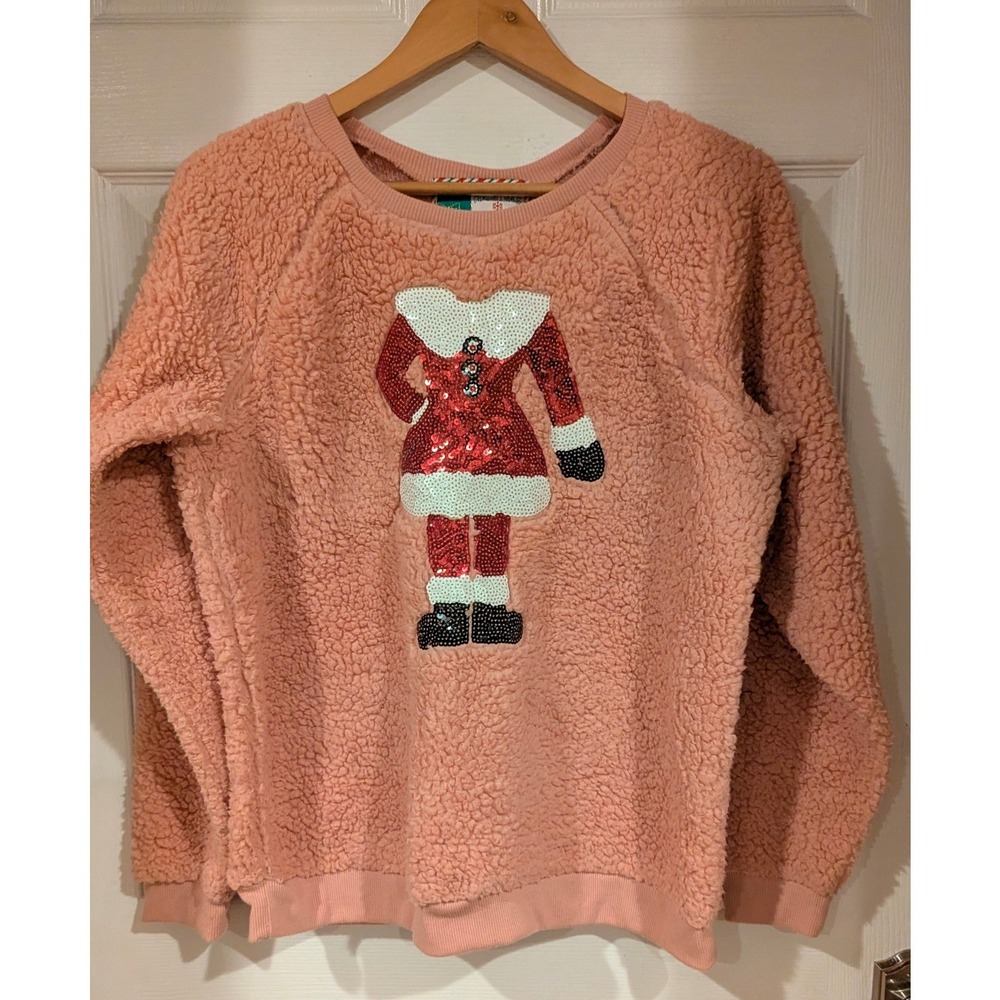 Merry Christmas Sherpa Sweatshirt L Pink Sequin Mrs Claus Holiday Ugly Sweater